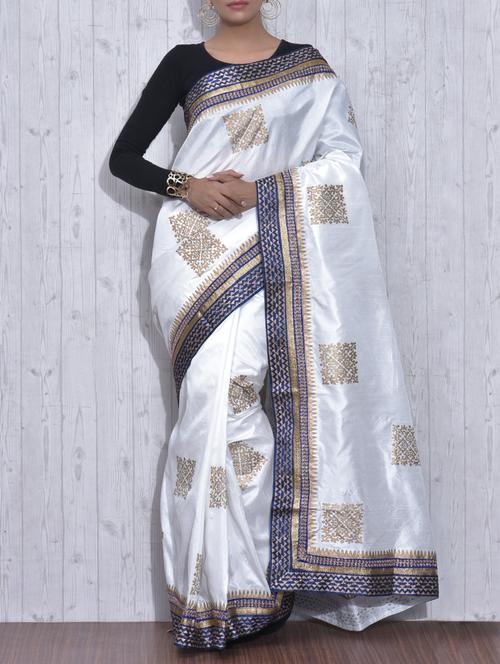 White and Gold Poly Dupion Silk Printed Sari - 9613390 - Very Small Image - 1