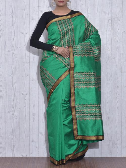 Green and Gold Poly Dupion Silk Printed Sari - 9613395 - Very Small Image - 1