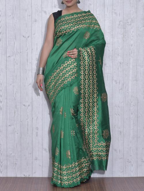 Green and Gold Poly Dupion Silk Printed Sari - 9613397 - Very Small Image - 1