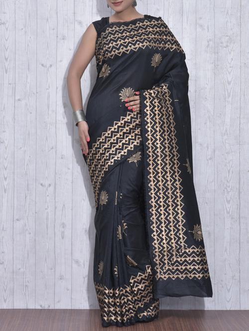 Black and Gold Poly Dupion Silk Printed Sari - 9613398 - Very Small Image - 1