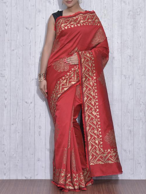 Maroon and Gold Poly Dupion Silk Printed Sari - 9613404 - Very Small Image - 1