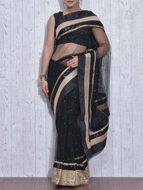 Black and Gold Net Embellished Sari - 9613408 - Very Small Image - 1