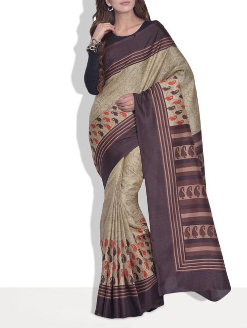 beige and brown printed silk saree - 9613954 - Very Small Image - 1