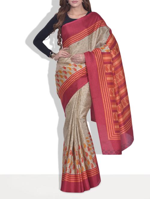 beige and red printed silk saree - 9613955 - Very Small Image - 1