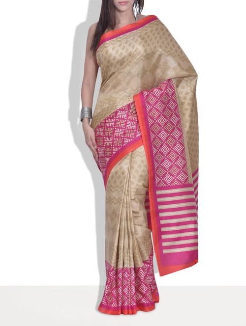 beige and pink printed saree - 9613969 - Very Small Image - 1