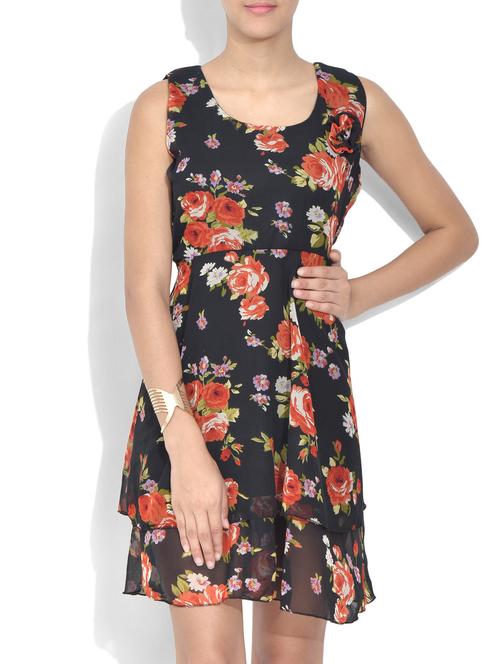 black floral printed poly georgette layered dress - 9615903 - Very Small Image - 1