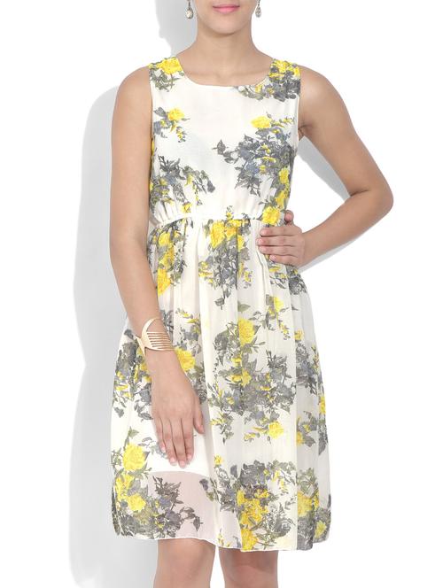 white floral printed sleeveless poly georgette dress - 9615913 - Very Small Image - 1