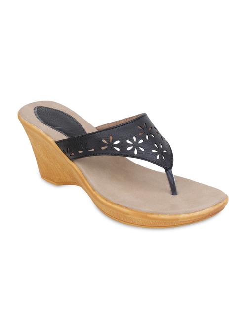 black faux leather cut worked open toed wedges - 9616352 - Very Small Image - 1