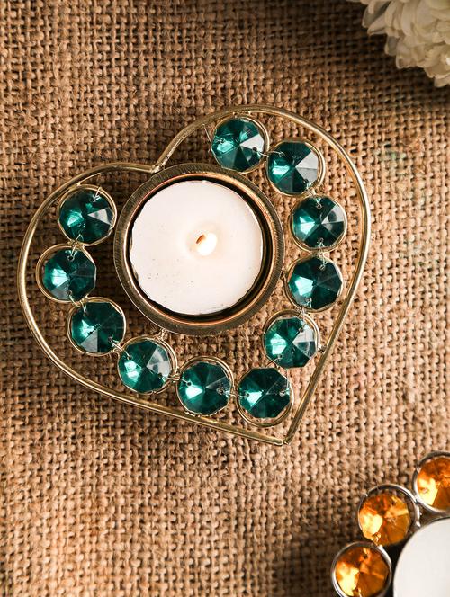 gold n green crystal heart t-lite holder - 9617230 - Very Small Image - 1