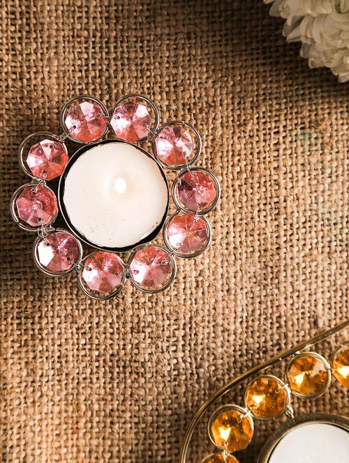 gold n pink crystal flower t-lite holder - 9617236 - Very Small Image - 1
