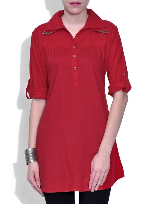 red buttoned short sleeved viscose tunic - 9617893 - Very Small Image - 1
