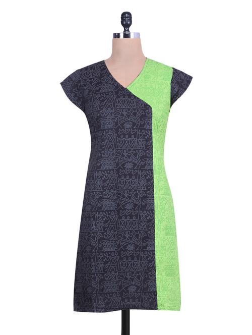 green and blue printed angrakha style cotton kurti - 9619564 - Very Small Image - 1