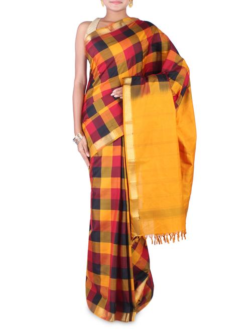 Multicolored checkered pure kanjivaram silk saree - 9620481 - Very Small Image - 1