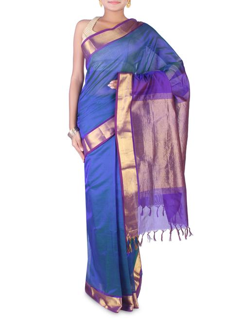 Blue cotton silk gold bordered saree - 9620493 - Very Small Image - 1