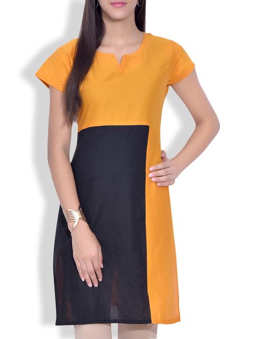 yellow & black cotton straight kurta - 9620814 - Very Small Image - 1
