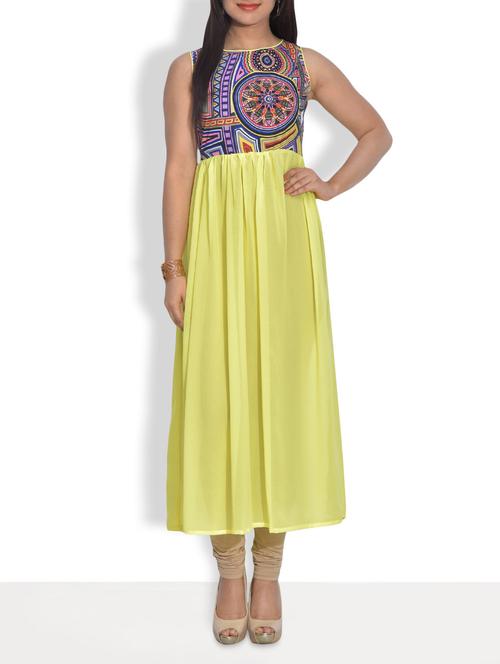 printed yellow georgette flared kurta - 9621107 - Very Small Image - 1