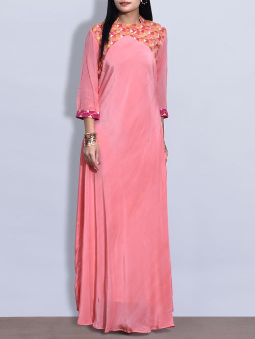 Pink printed long dress with back zip - 9621376 - Very Small Image - 1
