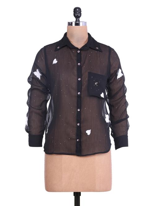 black embroidered full sleeved chiffon shirt - 9622199 - Very Small Image - 1