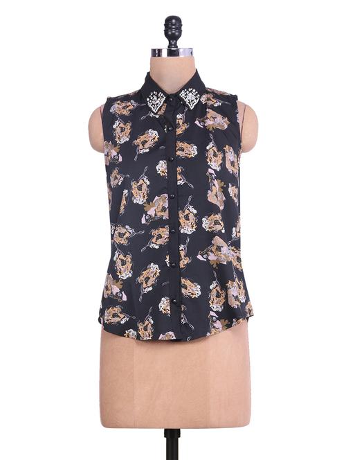 black printed and embellished poly crepe shirt - 9622200 - Very Small Image - 1