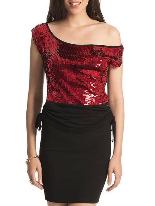 red one shoulder sequined viscose top - 9622666 - Very Small Image - 1