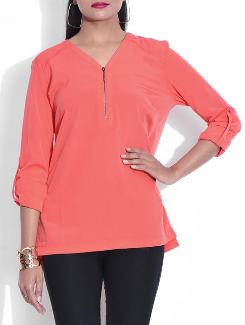 coral v- neck georgette top - 9622914 - Very Small Image - 1