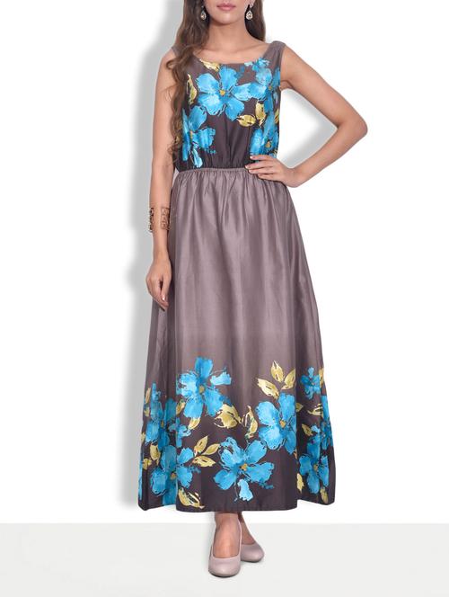 brown poly cotton floral printed dress - 9625570 - Very Small Image - 1