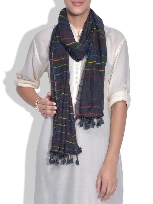 grey pom-pom detailed cotton dupatta - 9625718 - Very Small Image - 1