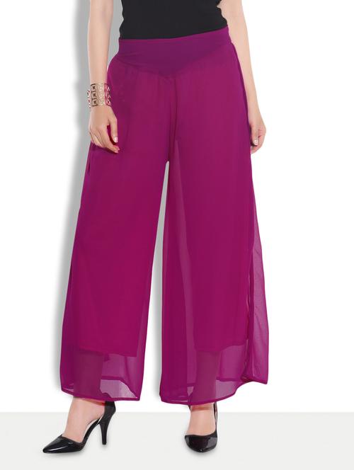 solid dark pink poly chiffon palazzos - 9626625 - Very Small Image - 1