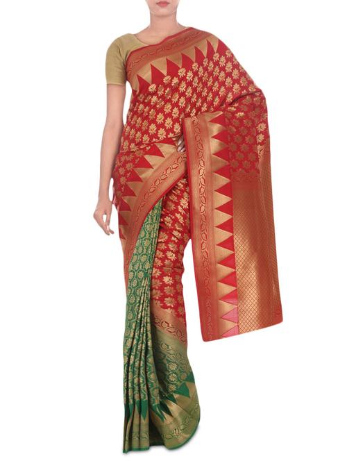 red with green colour banarasi half half silk saree with zari weaving - 9626707 - Very Small Image - 1