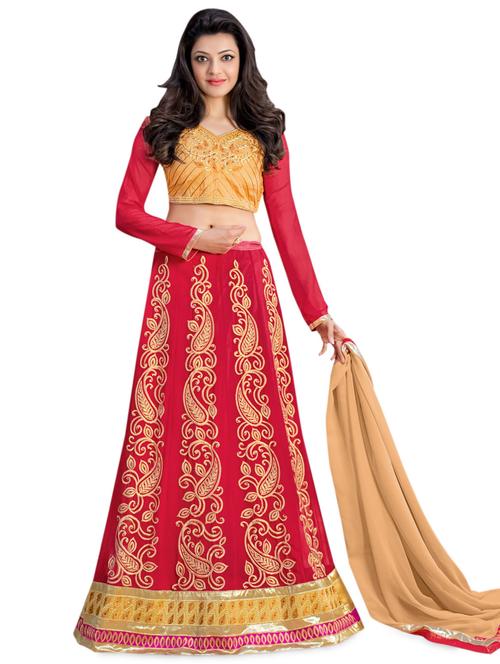 red chiffon semistiched embroidered lehenga set - 9628816 - Very Small Image - 1