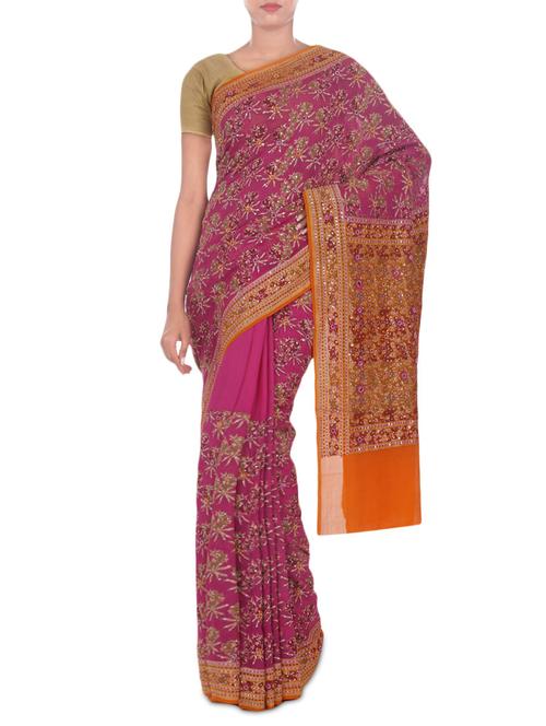 banarasi pure chiffon silk handloom saree with hand embroidry - 9630355 - Very Small Image - 1