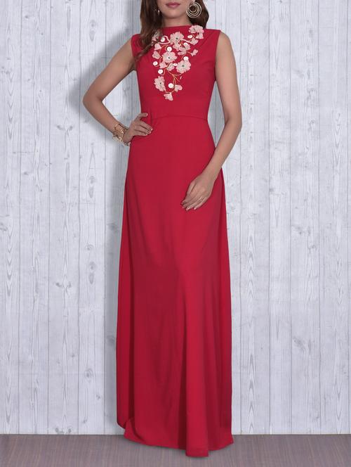 red floral embroidered georgette maxi dress - 9630678 - Very Small Image - 1