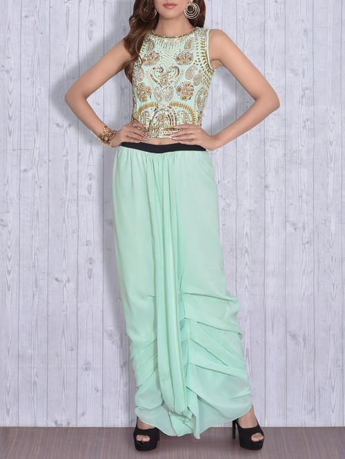 embroidered mint crop top with sharara - 9630698 - Very Small Image - 1