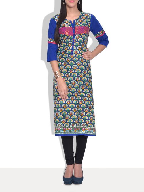 cotton printed three quarter sleeved kurta - 9631460 - Very Small Image - 1