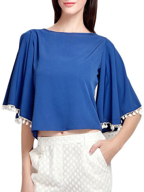 royal blue polycrepe flared crop top - 9632031 - Very Small Image - 1
