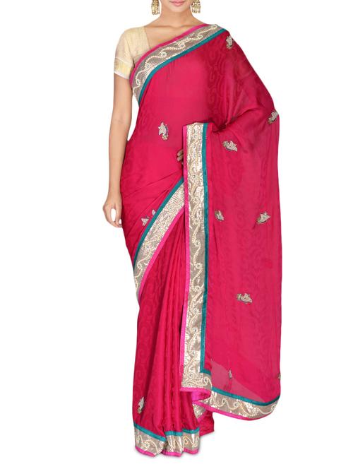 pink bullion embroidered faux chiffon jacquard saree - 9632101 - Very Small Image - 1