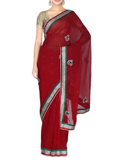 maroon bullion embroidered faux chiffon saree - 9632121 - Very Small Image - 1
