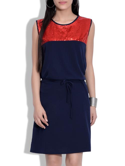 blue and red poly crepe blouson dress - 9635133 - Very Small Image - 1