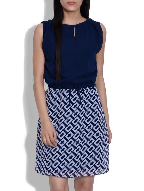 blue and white georgette printed blouson dress - 9635166 - Very Small Image - 1