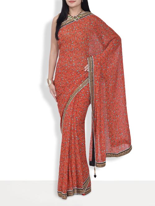 rust printed silk georgette handworked saree with blouse - 9637071 - Very Small Image - 1