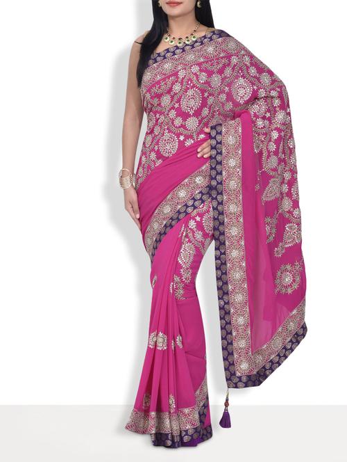 Fuchsia silk georgette saree with brocade work - 9637079 - Very Small Image - 1