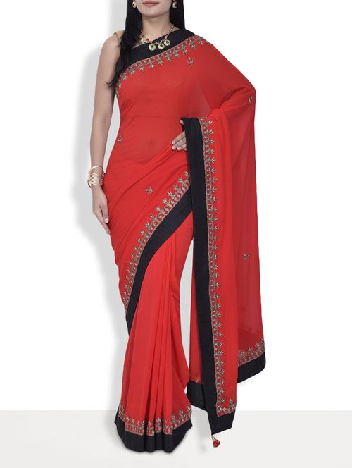 red embroidered silk georgette handworked saree with blouse - 9637084 - Very Small Image - 1