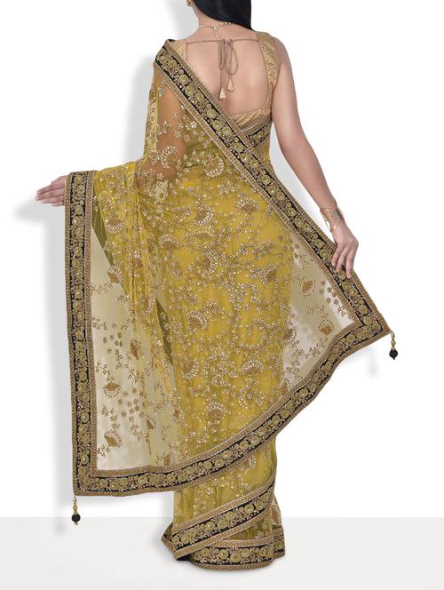 Yellow embroidered net handworked saree - 9637089 - Very Small Image - 1