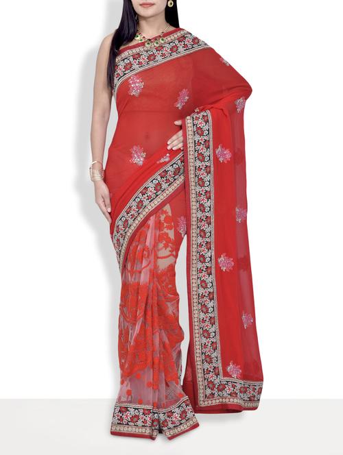 red embroidered silk georgette handworked saree with blouse - 9637096 - Very Small Image - 1