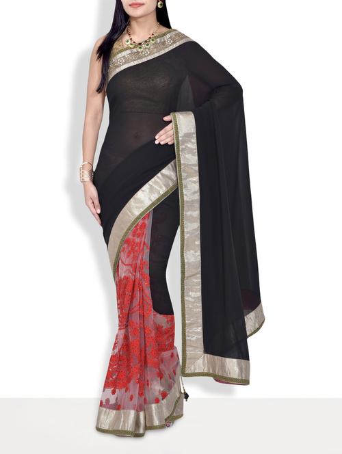 black embroidered net handworked half and half saree with blouse - 9637100 - Very Small Image - 1