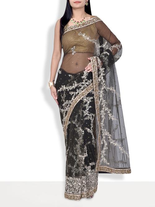 black embroidered net handworked saree with blouse - 9637113 - Very Small Image - 1