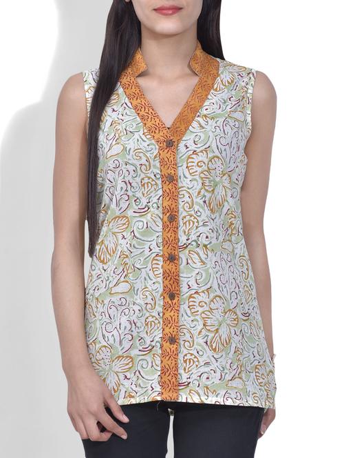 green sleeveless floral block printed cotton top - 9639901 - Very Small Image - 1