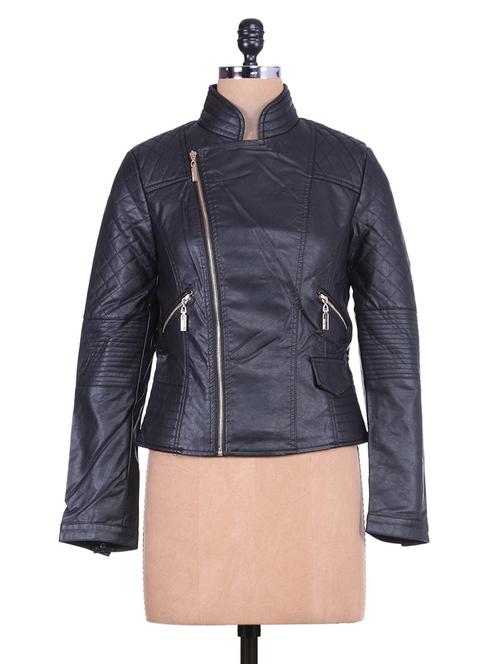 Solid black leather full-sleeved jacket - 9639979 - Very Small Image - 1