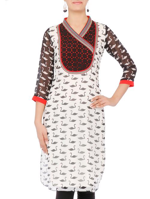 off white printed georgette kurta - 9640231 - Very Small Image - 1
