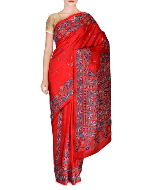 red pure silk kantha embroidered sari - 9641935 - Very Small Image - 1